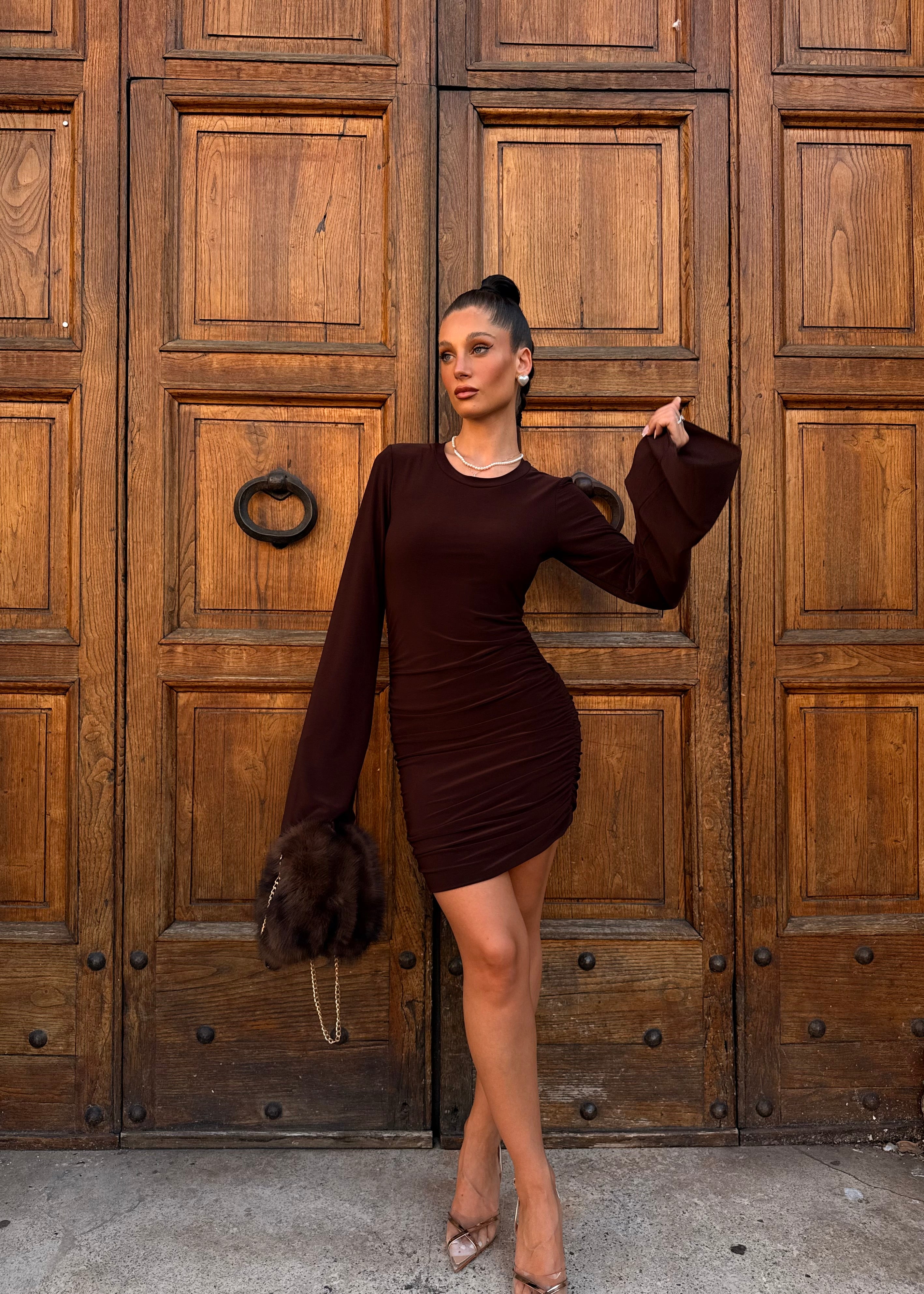 Mini Dress Marrone Manica Lunga