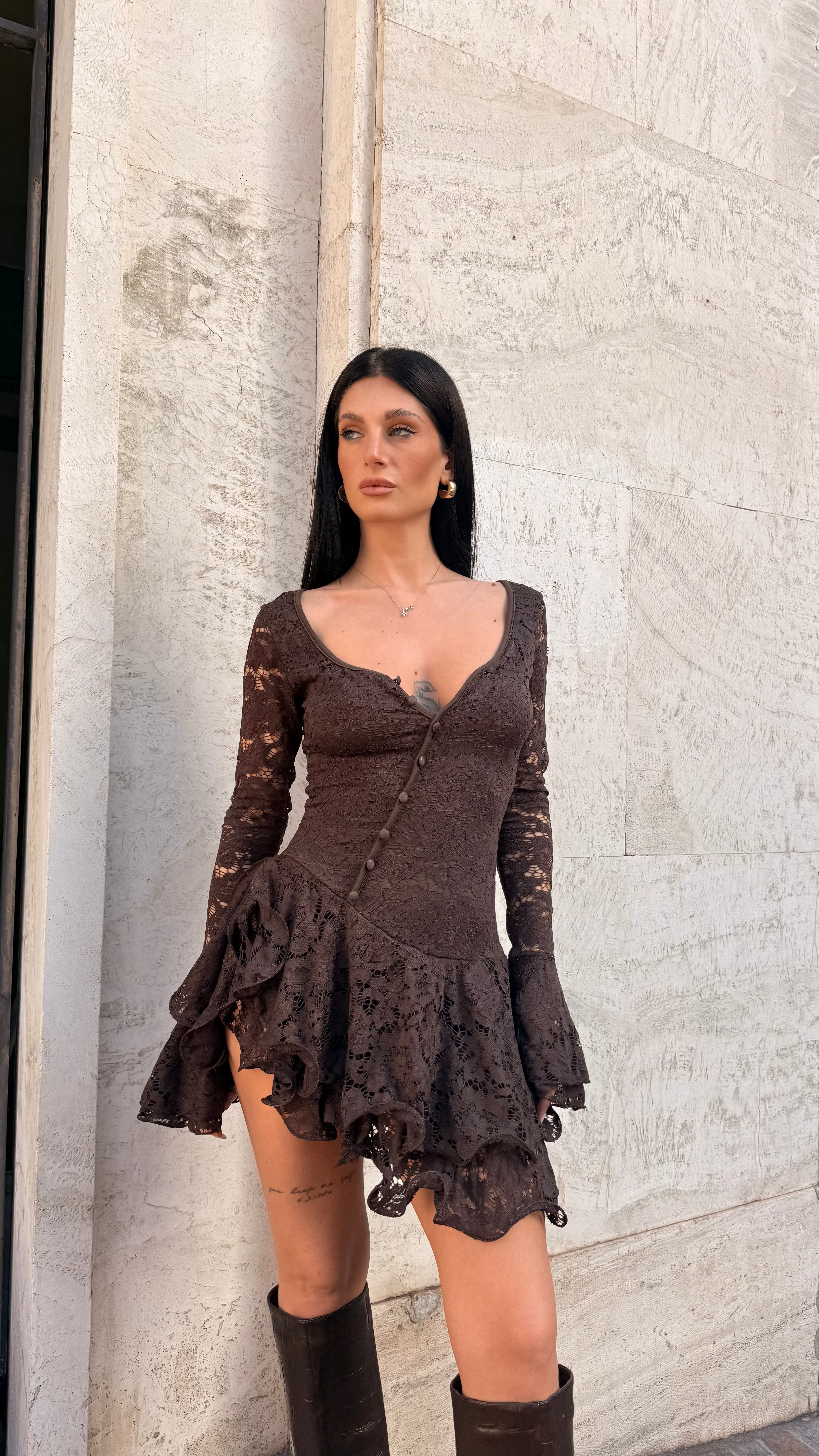 Mini Dress Marrone Pizzo