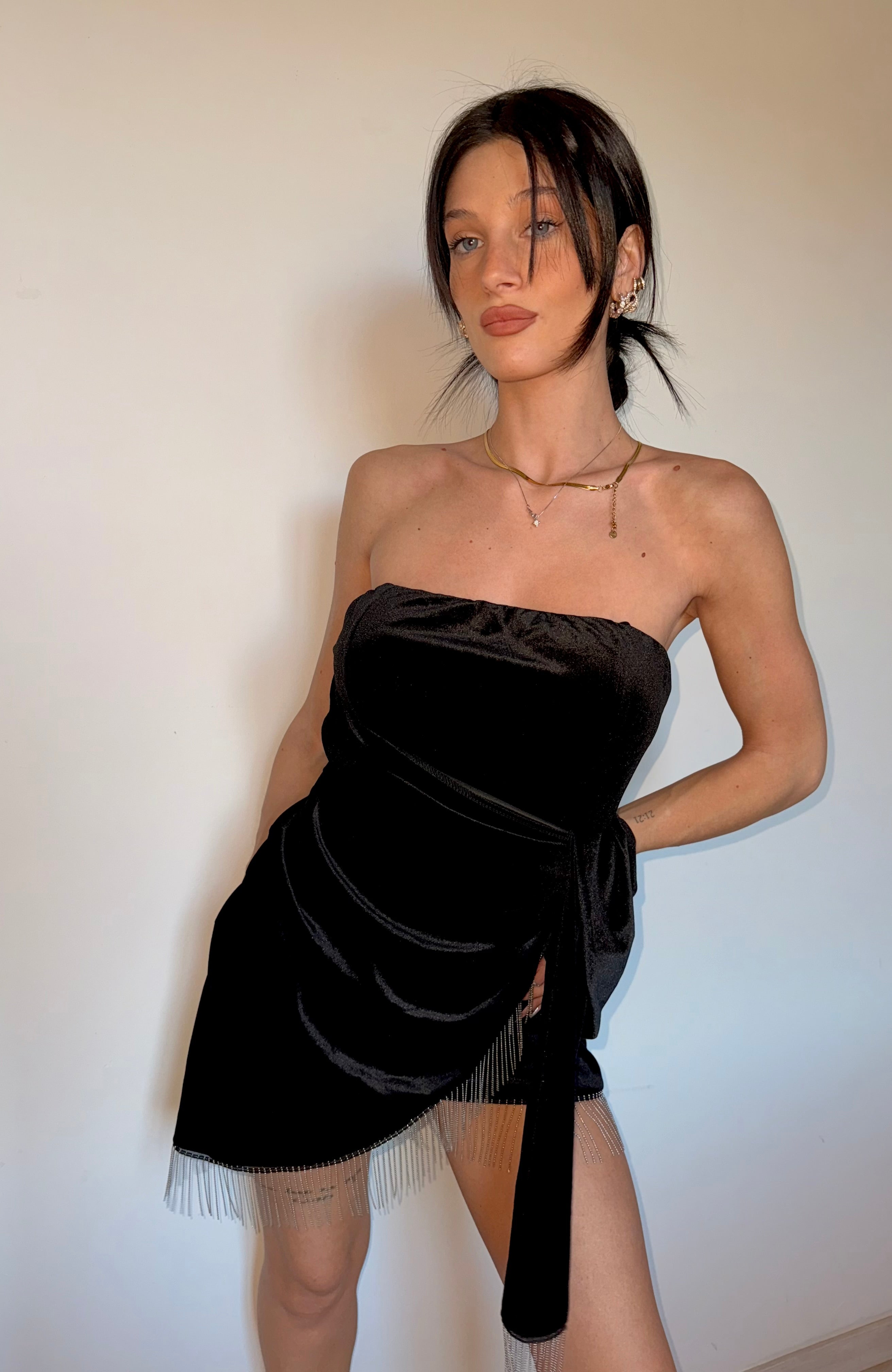 Mini dress nero con frange
