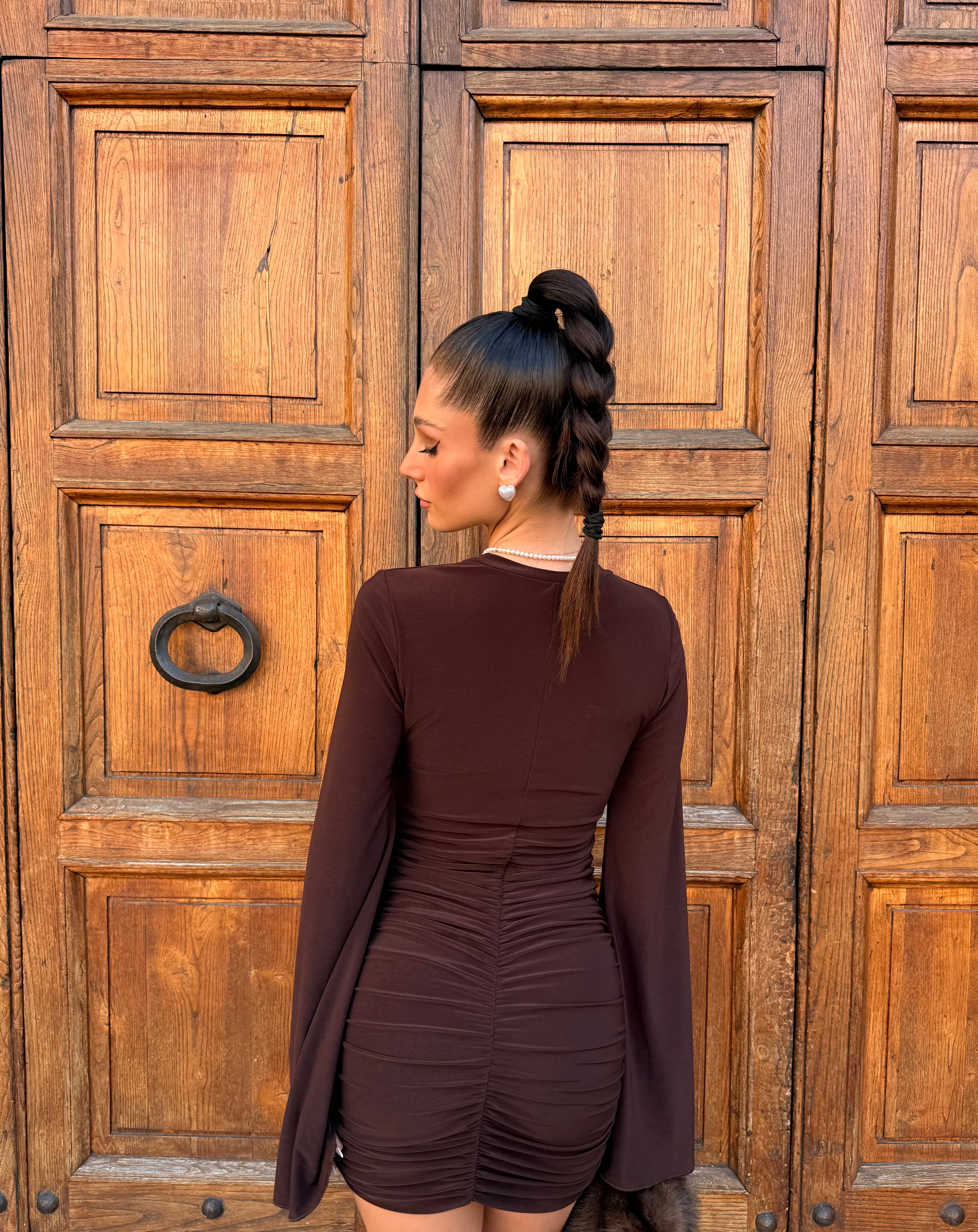 Mini Dress Marrone Manica Lunga