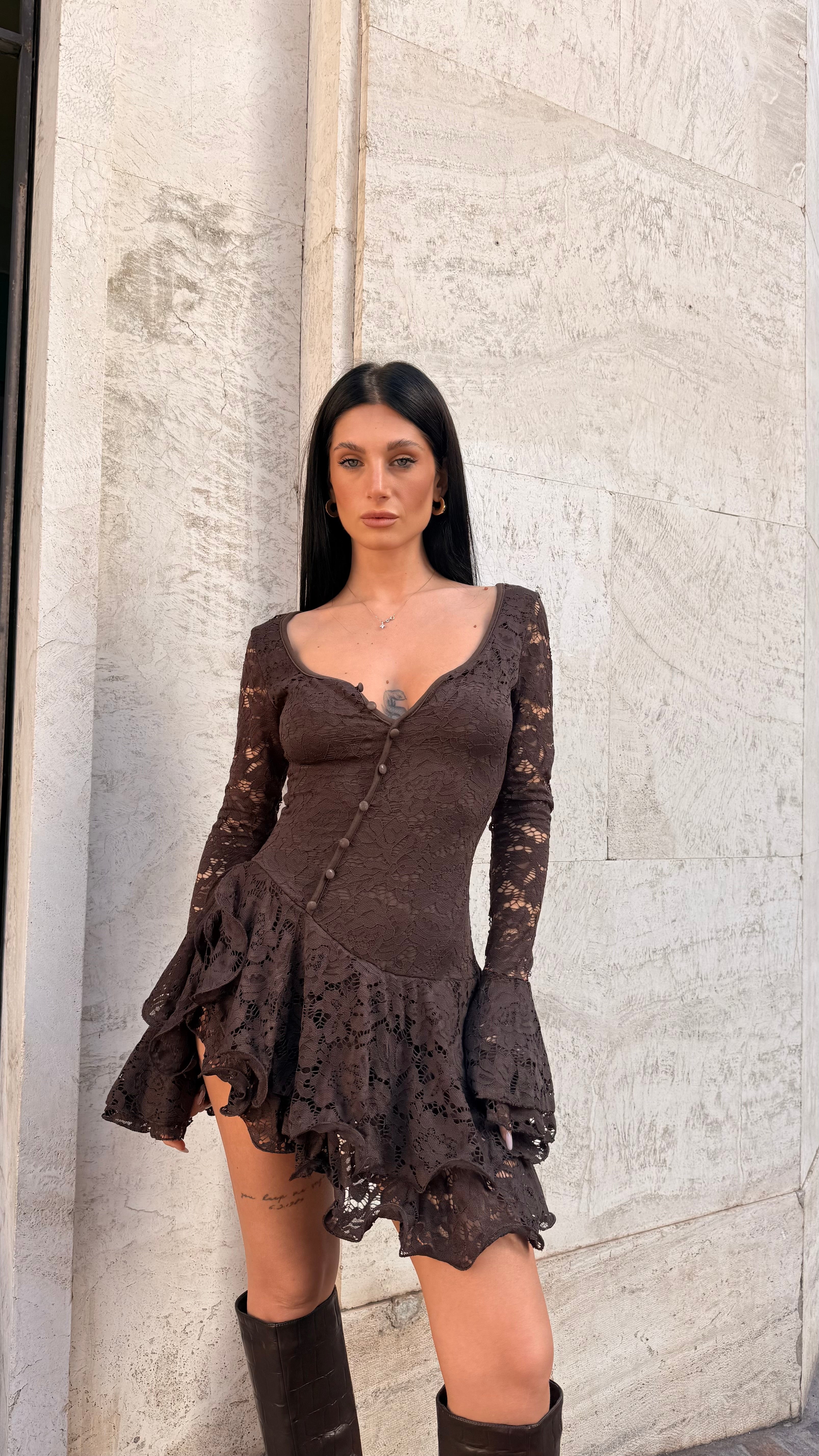 Mini Dress Marrone Pizzo