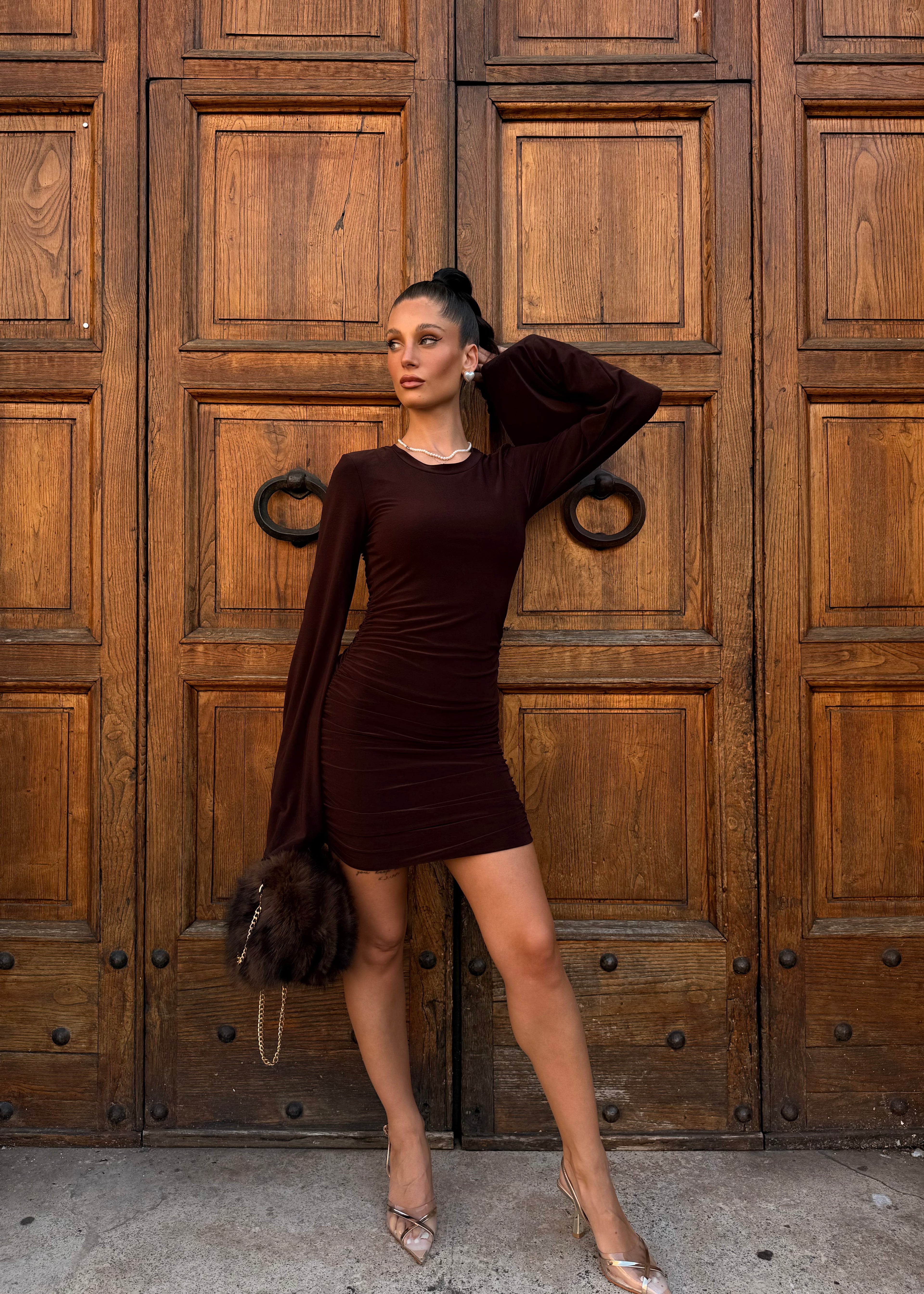 Mini Dress Marrone Manica Lunga